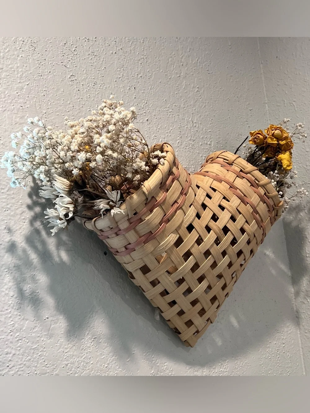 Vintage Woven Heart Wall Basket Double Pocket Cottagecore Decor